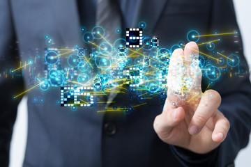 Businessman pressing document icon over computer binary code