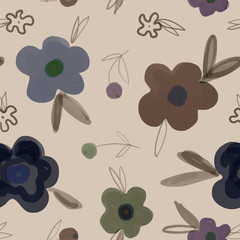 Seamless Botanical pattern with flowers in soft colors. Naive style. Suitable for printing on fabric and for children's Wallpaper, for design, for wrapping paper and decoration of children's parties.