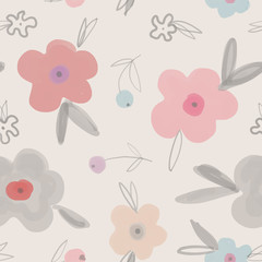 Seamless Botanical pattern with flowers in soft colors. Naive style. Suitable for printing on fabric and for children's Wallpaper, for design, for wrapping paper and decoration of children's parties.