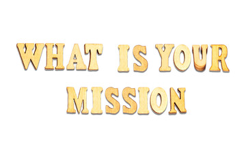 What is your mission? Words composed with wooden letters isolated on white