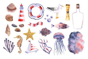 Sea set with watercolor lighthouse, seagull, fish, jellyfish, shells, seaweed, sea horse, lifebuoy, boat. Hand drawn illustration isolated on white. Template is perfect for marine design, stickers