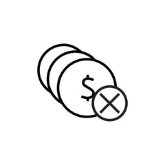 Coin stack icon. Not allowed, black object in red warning sign with transparent background