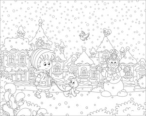 Little girl walking with his cheerful pup through a snow-covered park of a small town on a snowy winter day, black and white vector illustration in a cartoon style for a coloring book