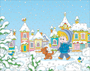 Obraz na płótnie Canvas Little boy strolling with his cheerful pup through a snow-covered park of a small colorful town on a snowy winter day, vector illustration in a cartoon style