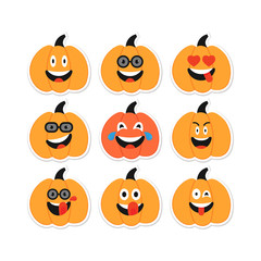 Pumpkin Emoji Set. Halloween Happy Pumpkins characters. Thanksgiving, Harvest planner Sticker. Laughing with tears of Joy, Friendly Emoji Faces. Orange Squash Smiles for messenger.