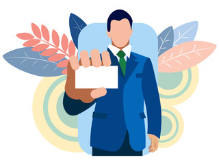 Businessman shows a business card, holds in his hand. Bring closer. In minimalist style Cartoon flat raster