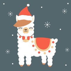 cute cartoon vector christmas llama character with santa hat holiday greeting card  © Alice Vacca