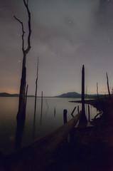 Moonlight on the lake At night and the tree stump