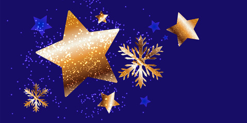 Christmas gold stars design blue background abstract shiny color golden