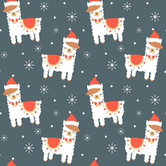 cute cartoon llama with santa hat christmas seamless vector pattern background illustration with snowflakes