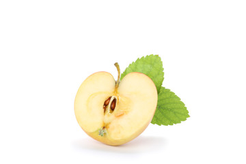 Half apple with leaf isolated on white background