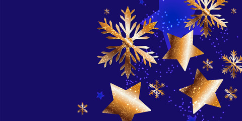 Christmas gold stars design blue background abstract shiny color golden