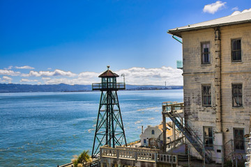 Tower and building at Alcatraz overlooking San Francisco Bay