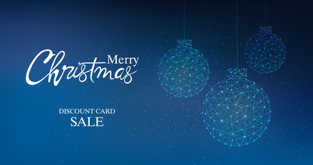 Merry christmas discount card sale banner with innovative style bauble. Connected dots. Blue background