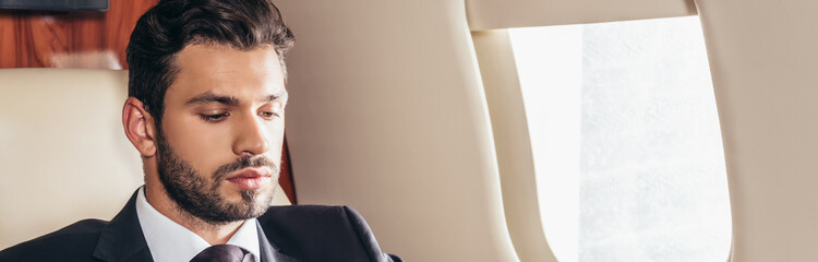 panoramic shot of handsome businessman in suit looking down in private plane