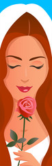 Beautiful face of a brown-haired bride close-up. She enjoys the scent of a rose she holds in her hand. Vertical wedding vector illustration.