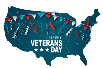 Happy Veterans Day. Honoring all who served. USA country shape background. National holiday design concept. Red and blue falling ringlets. Vector illustration.
