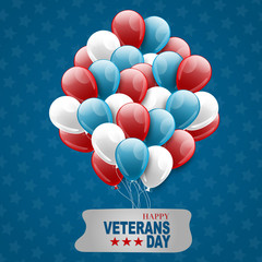 Happy Veterans Day. Honoring all who served. USA banner or poster background. National holiday design concept. Red and blue bunch of balloons. Vector illustration.