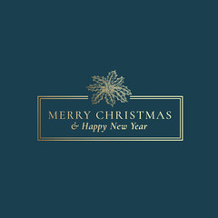 Merry Christmas and Happy New Year Abstract Vector Classy Frame Label, Sign or Card Template. Hand Drawn Hooly with Berries Branch Sketch Illustration with Vintage Typography. Premium Blue Background