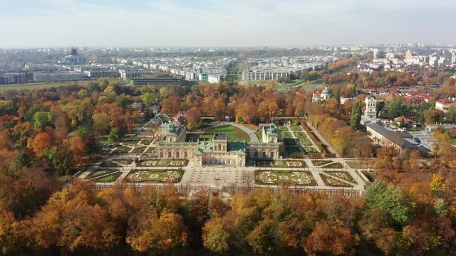 Aerial view of the royal palace in Warsaw. Poland. Wilanow Palace. Flying drones over the royal palace, a beautiful building facade at sunny autumn day