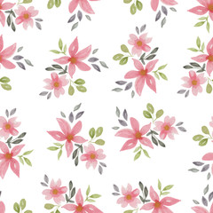 seamless repeat pattern with pink flowers isolated on white, floral decoration with watercolor flowers, floral blossom bouquet 