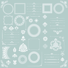 Vintage set of vector white horizontal, square and round elements. Different elements for backgrounds, frames and monograms. Classic patterns. Set of vintage patterns