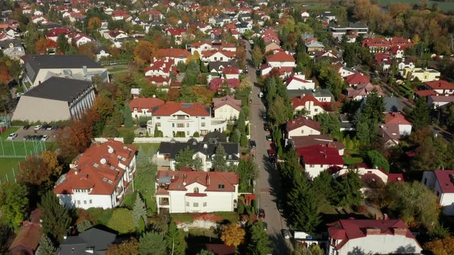 Aerial view on the roofs of ancient buildings in a suburb of Warsaw. Poland.  Drone shot at cottage ryan Vilanow Warsaw.