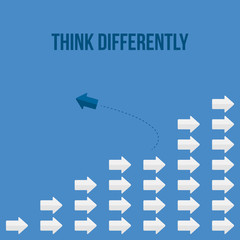 Think differently concept. Blue arrow changing direction. New idea, change, trend, courage, creative solution, innovation and unique way concept.	