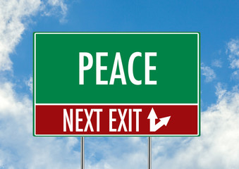 Next exit for peace green road sign over blue sky background. Concept road sign collection.