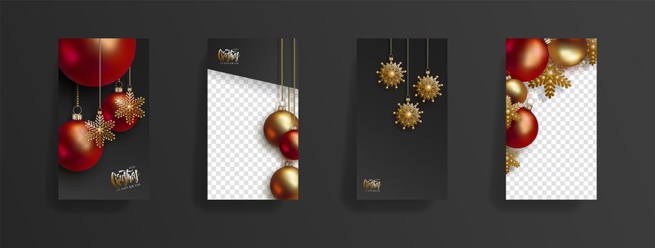 Christmas and New Year story template. Festive black background with red and golden 3D christmas balls and golden snowflakes hang on gold chains. Social media, social network, copy space for text