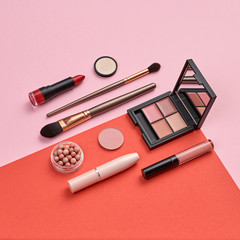 Fashion beauty coral product layout. Woman Essentials cosmetic makeup Set. Collection beauty...