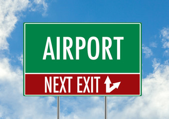 Next exit for airport green road sign over blue sky background. Concept road sign collection.