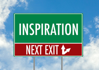 Next exit for inspiration green road sign over blue sky background. Concept road sign collection.