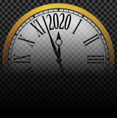 Fototapeta na wymiar Vector 2020 Happy New Year gold classic clock on transparent background