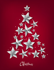 Christmas tree made from silver stars and white dots. Red background vector