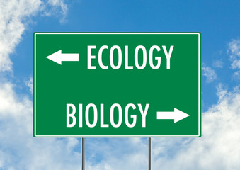 Ecology vs biology green road sign over blue sky background. Concept road sign collection.