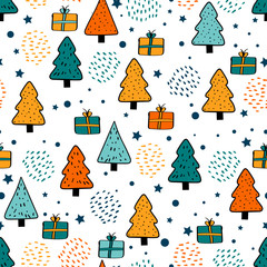 Vector colorful seamless pattern with christmas trees, snowflakes, fireworks and gift boxes