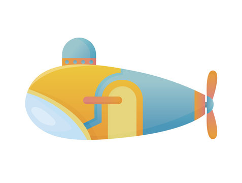 Yellow and blue submarine undersea cartoon style bathyscaphe underwater ship, diving exploring at the bottom of sea flat vector design.