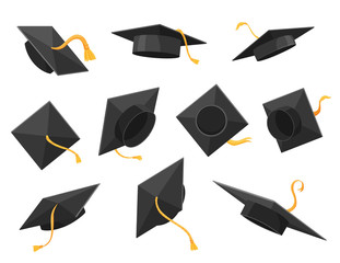 Graduation cap or hat vector illustration in the flat style. Academic caps set. Graduation cap isolated on the background.
