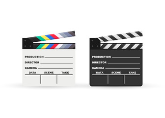 Fototapeta na wymiar Black closed clapperboard. Black cinema slate board, device used in filmmaking and video production. Realistic vector stock illustration.