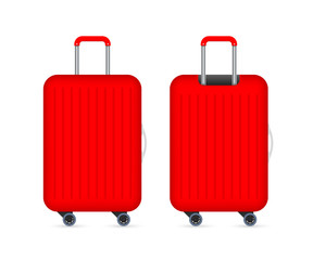 Red travel plastic suitcase with wheels realistic on white background. Vector stock illustration