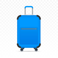 Blue travel plastic suitcase with wheels realistic on white background. Vector stock illustration