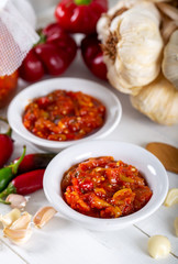 Chemen sauce in bowl with vegetables.