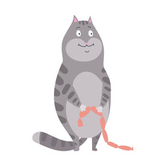 Domestic cat with sausages. A vector illustration of domestic animal cartoon.