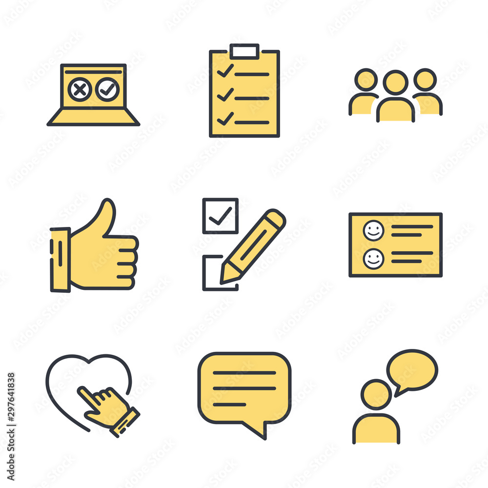 Aufkleber icons set of survey related vector simple line. management line icon. startup strategy and employees