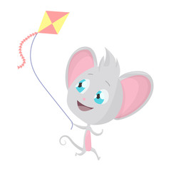 Cute grey mouse with a kite. Vector Stock Illustrations isolated Emoji character cartoon mouse stickers emoticon with emotion, situation and pose.