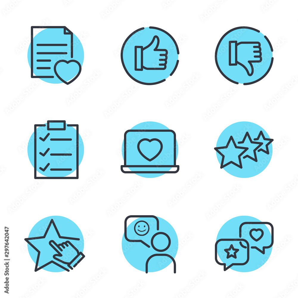 Aufkleber Icons Set of Survey Related Vector Simple Line. Management line icon. Startup strategy and Employees linear symbol. Customer Opinion, Web Survey and more, Startup and Teamwork symbols