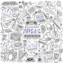 Music doodles set. Musical instruments, devices and symbols. Freehand vector drawing isolated on white background