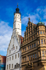 Obraz premium Two Rathaus buildings at Marktplatz square Rothenburg ob der Tauber Old Town Bavaria Germany