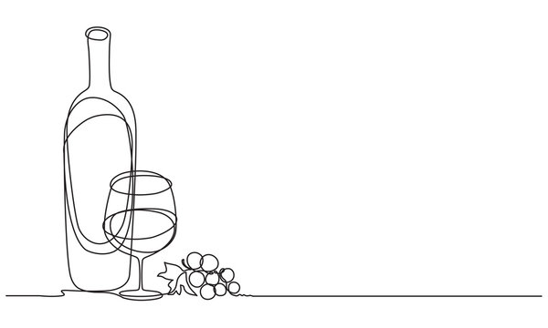 Wine glasses, a bottle of wine and grapes. Still life. Sketch. Draw a continuous line. Decor